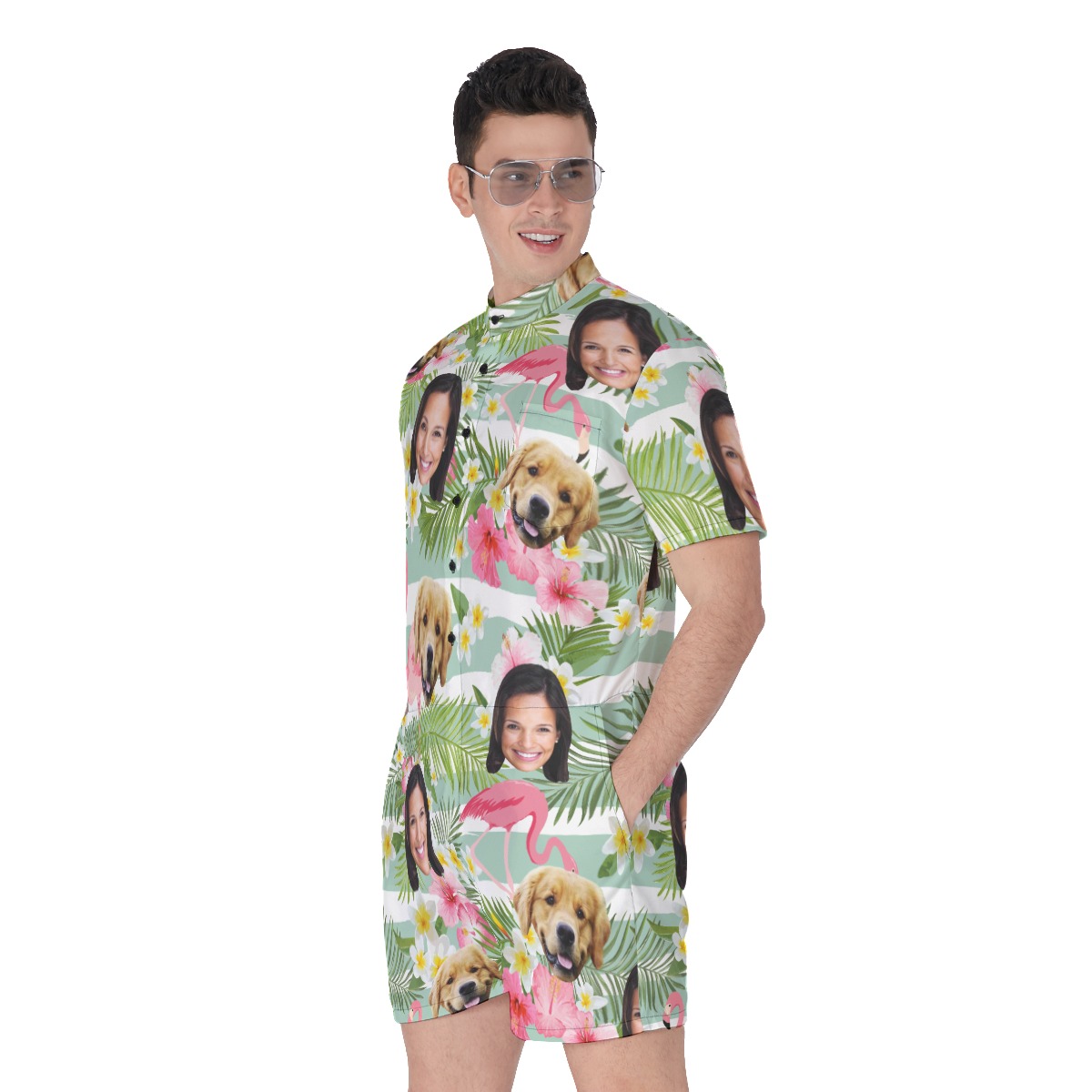 Men's Flamingo Custom Dog And Owner Face Hawaiian Romper