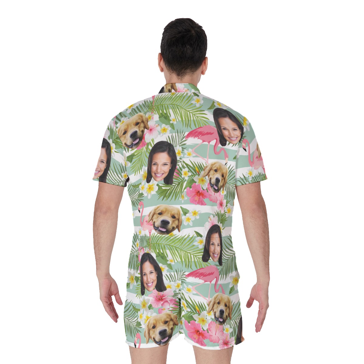 Men's Flamingo Custom Dog And Owner Face Hawaiian Romper