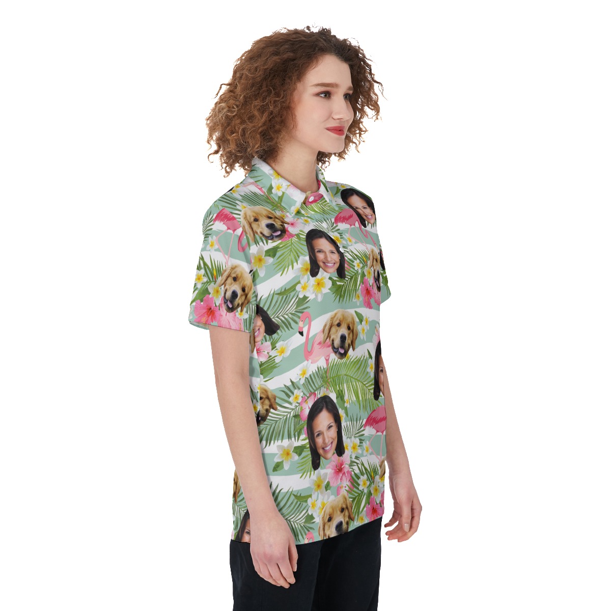 Women's Flamingo Custom Face Polo Hawaiian Shirt With Dog Face