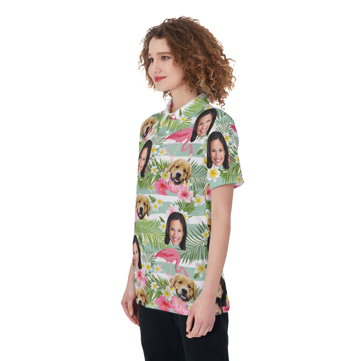 Women's Flamingo Custom Face Polo Hawaiian Shirt With Dog Face