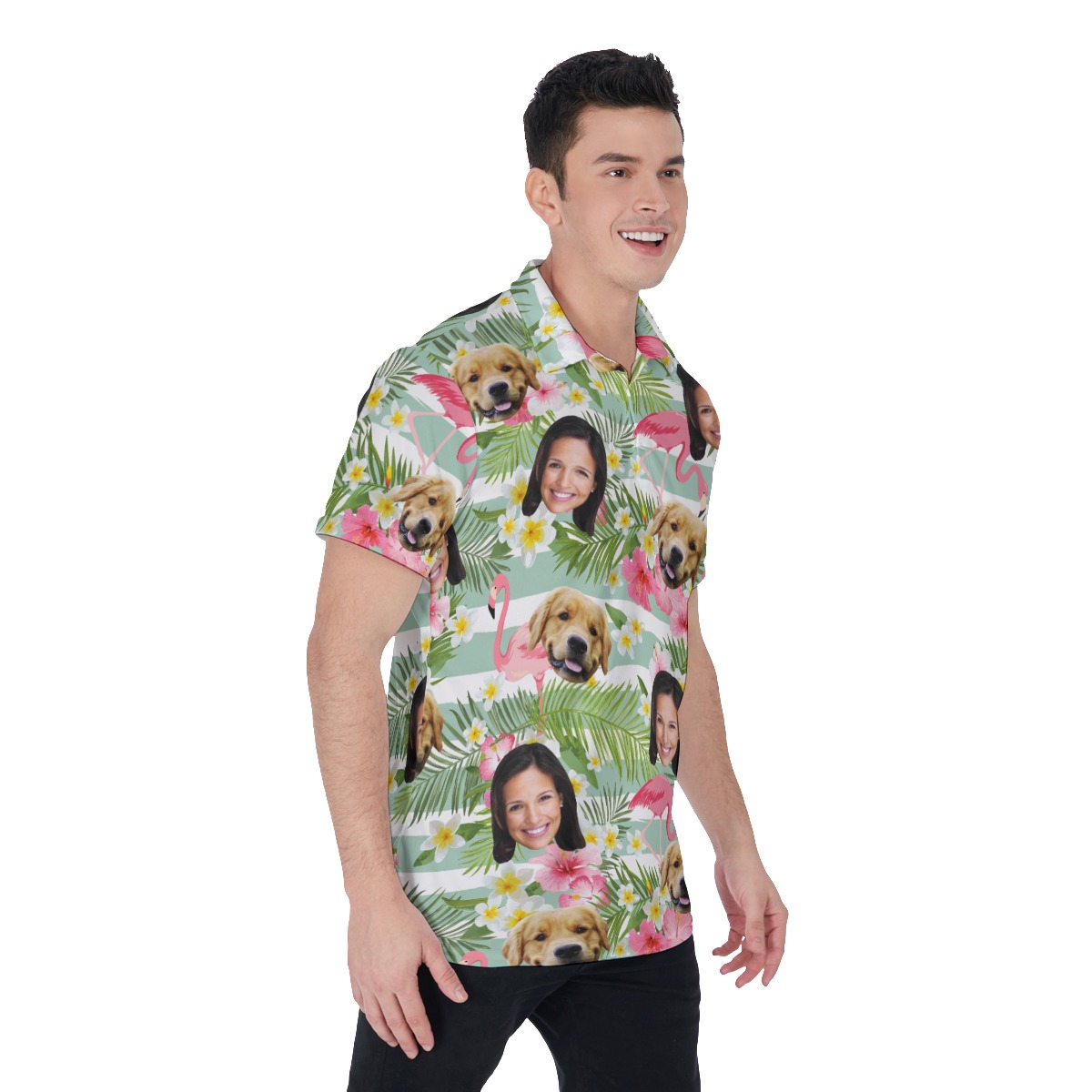 Men's Flamingo Custom Face And Dog Polo Hawaiian Shirt