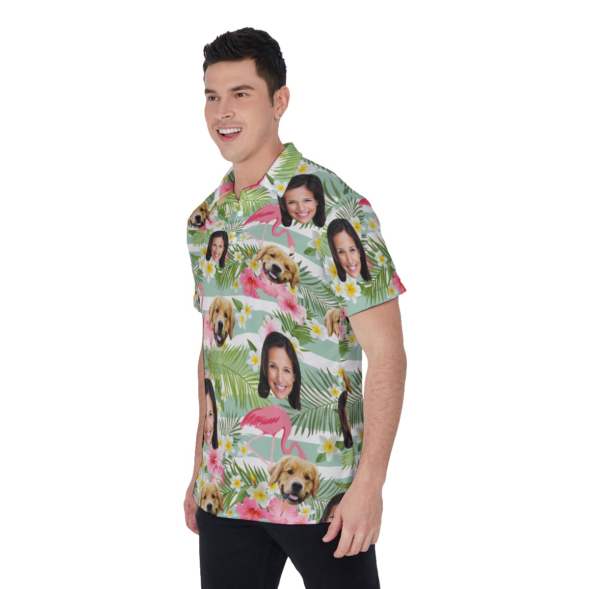 Men's Flamingo Custom Face And Dog Polo Hawaiian Shirt