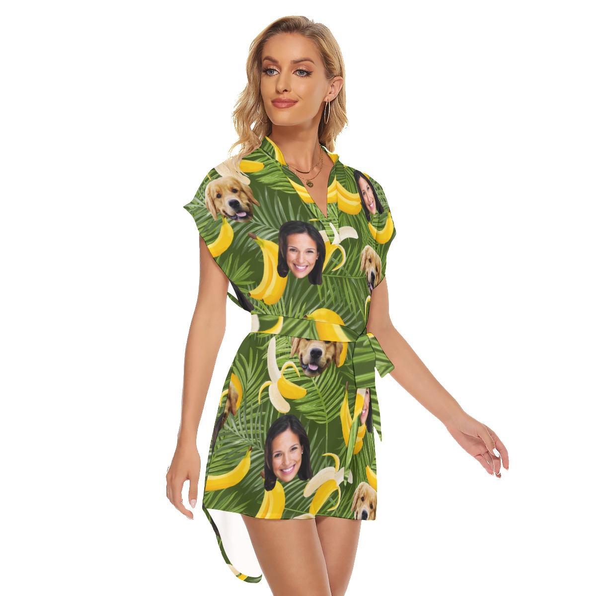 Banana Customize And Dog Hawaiian Dress With Belt For Women