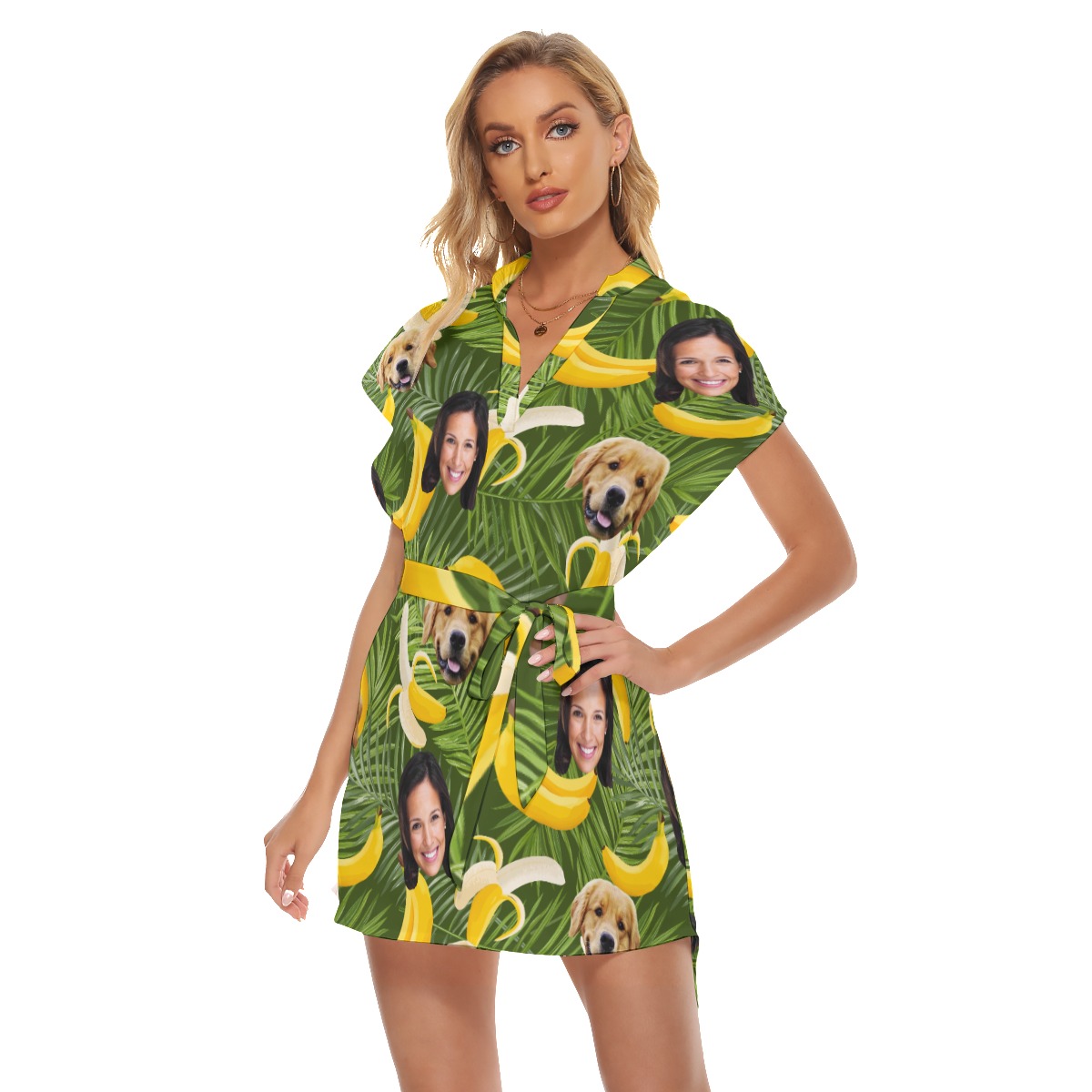 Banana Customize And Dog Hawaiian Dress With Belt For Women