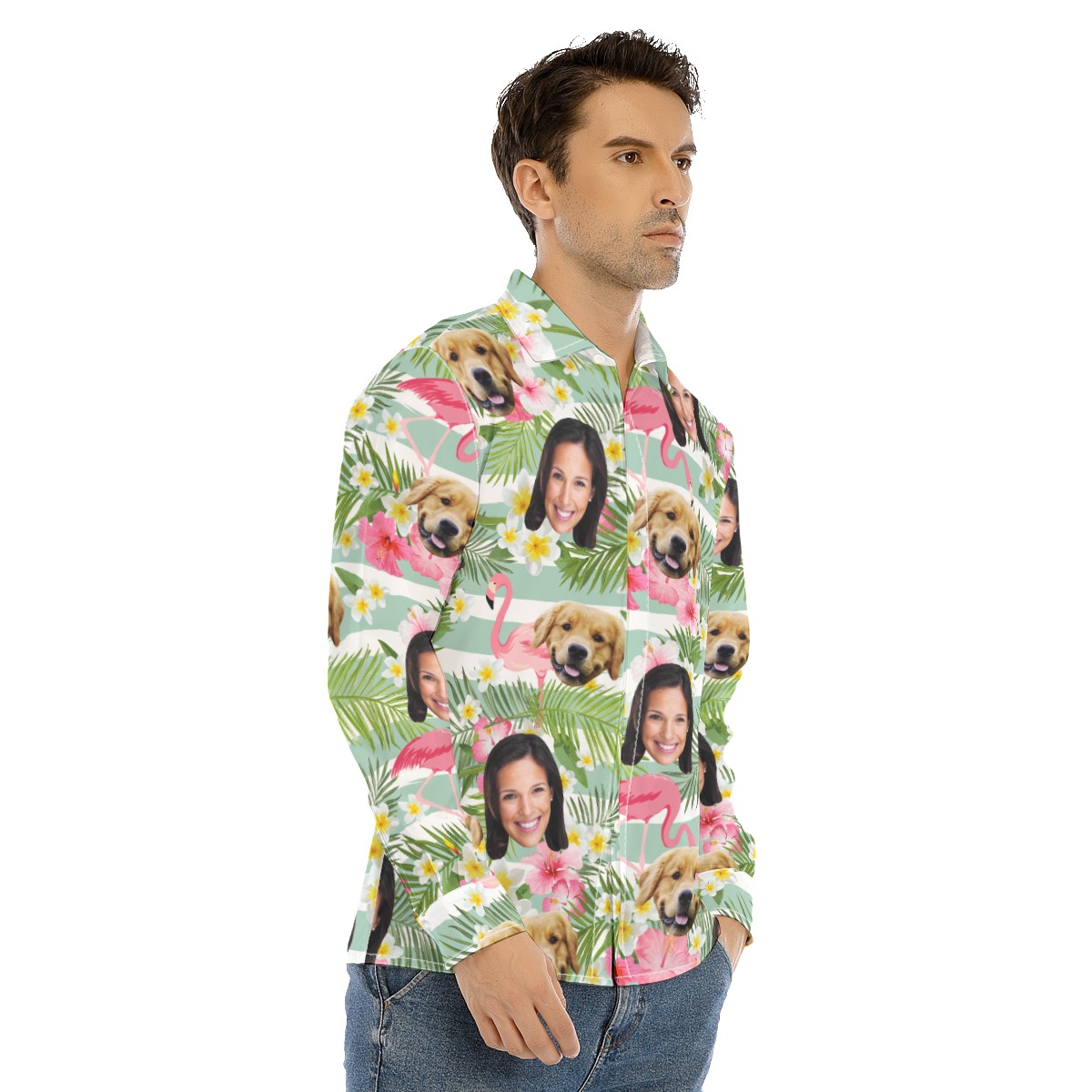Flamingo Custom Face And Dog Long Sleeve Hawaiian Shirt For Men