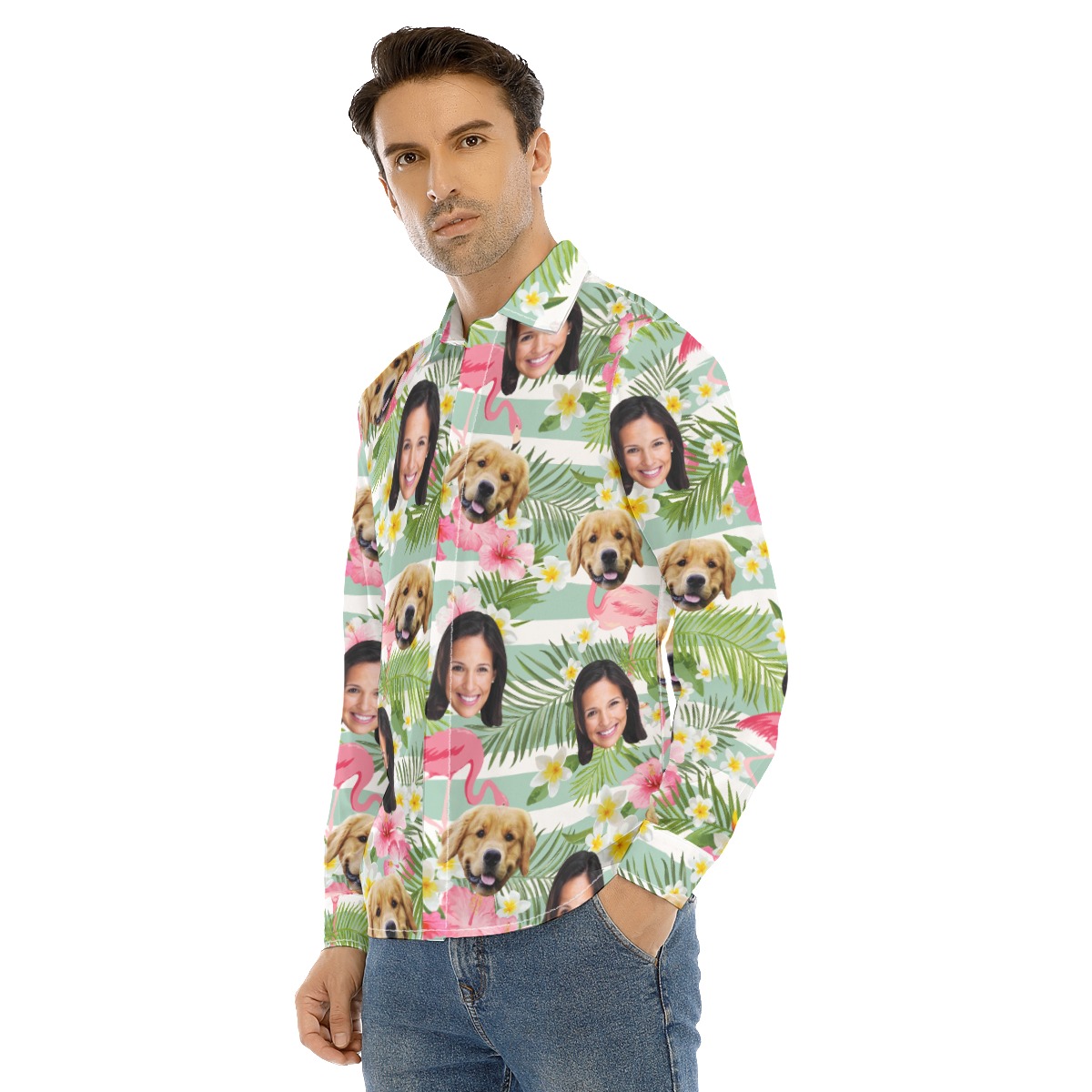 Flamingo Custom Face And Dog Long Sleeve Hawaiian Shirt For Men