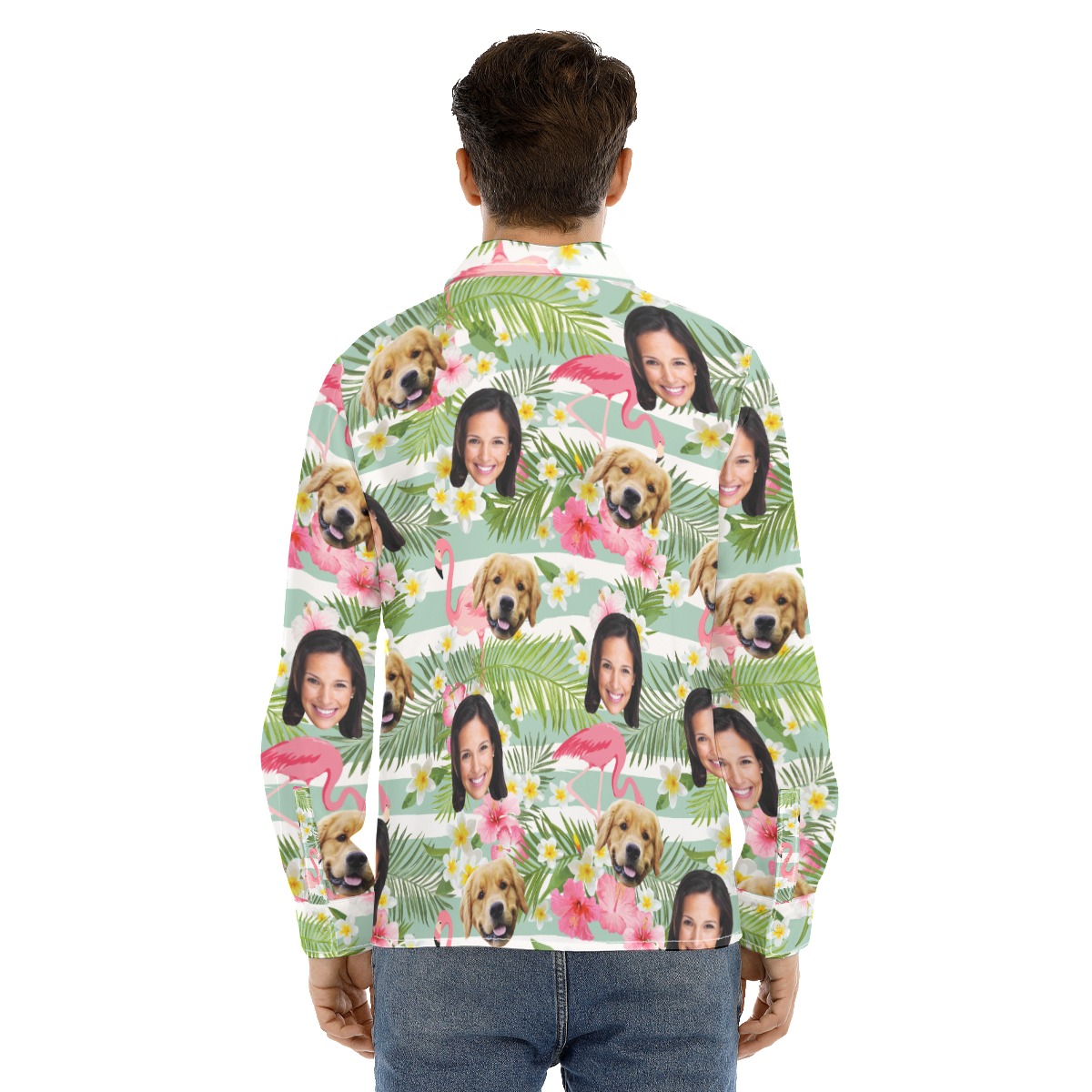 Flamingo Custom Face And Dog Long Sleeve Hawaiian Shirt For Men
