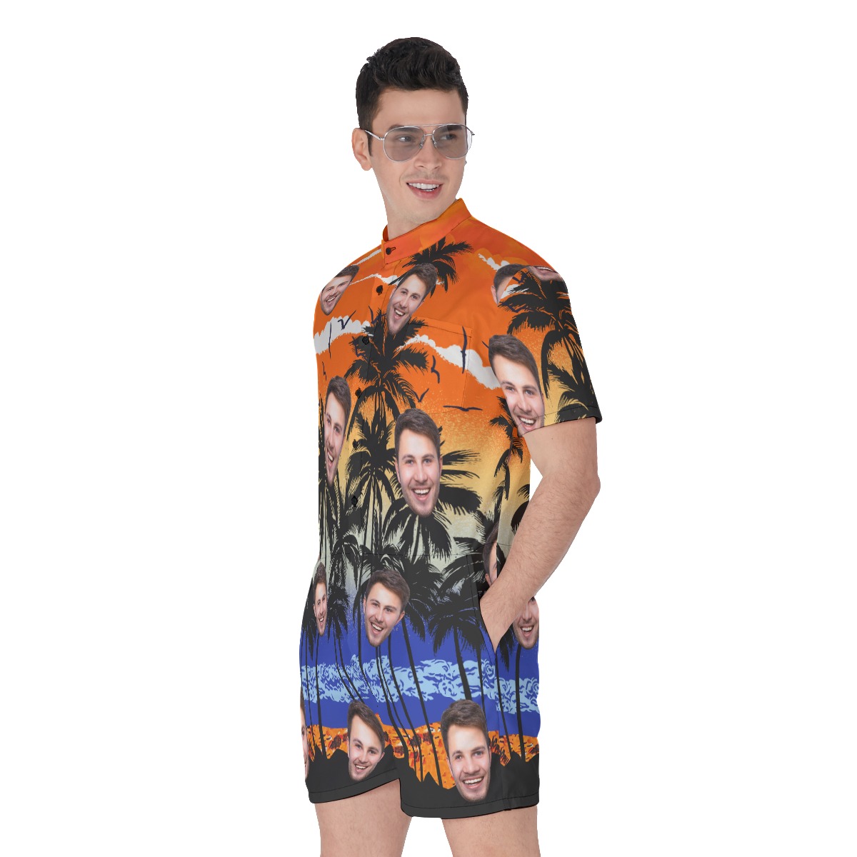 Sunset Men's Beach Romper With Custom Face