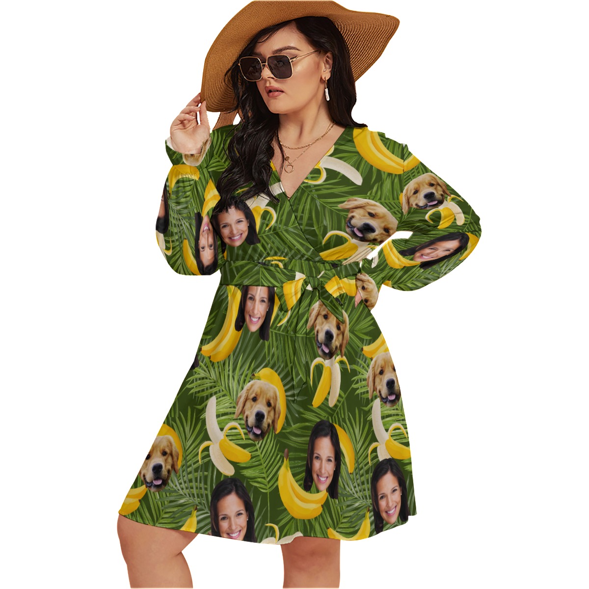 Banana Personalized With Dog Hawaiian V-neck Plus Size Dress