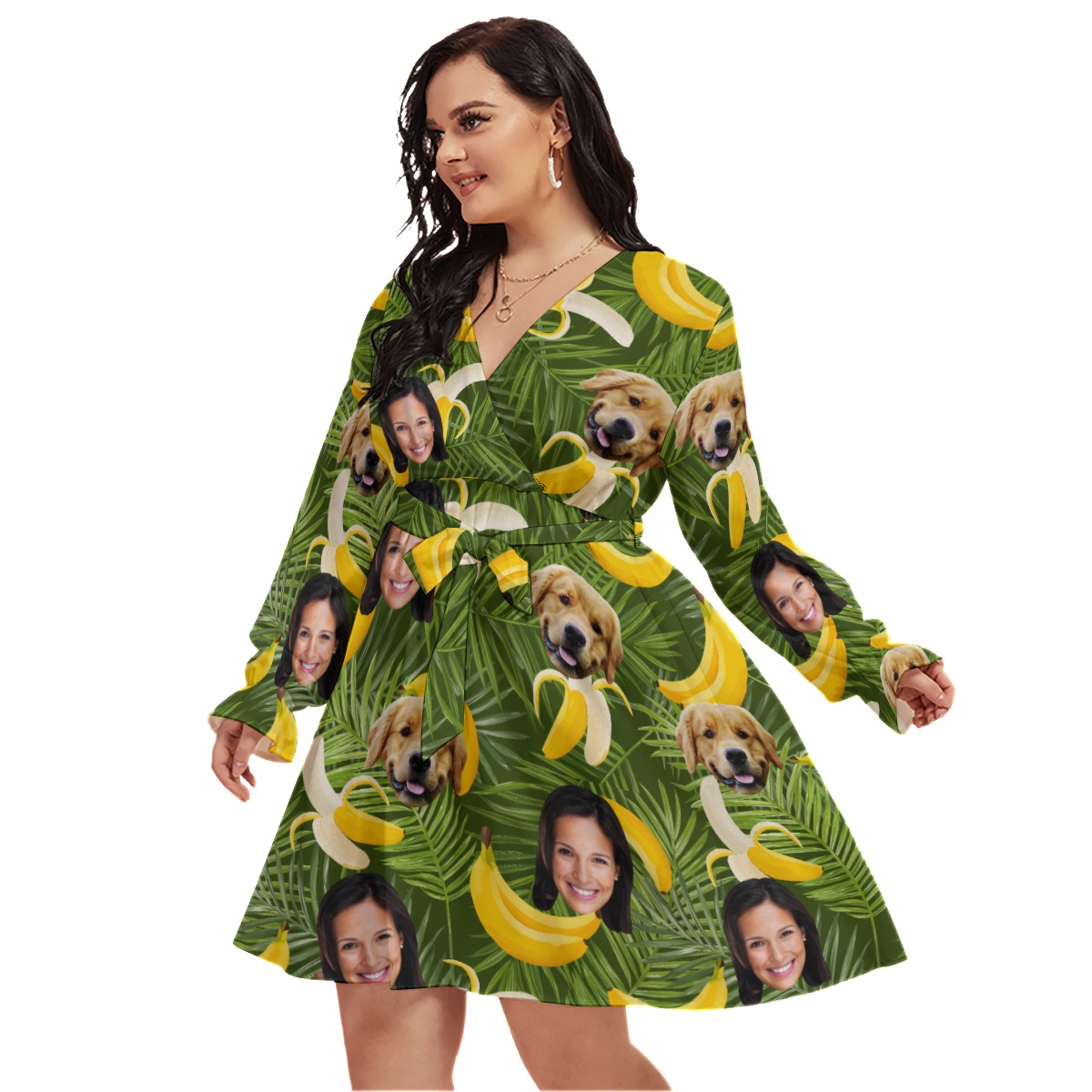 Banana Personalized With Dog Hawaiian V-neck Plus Size Dress