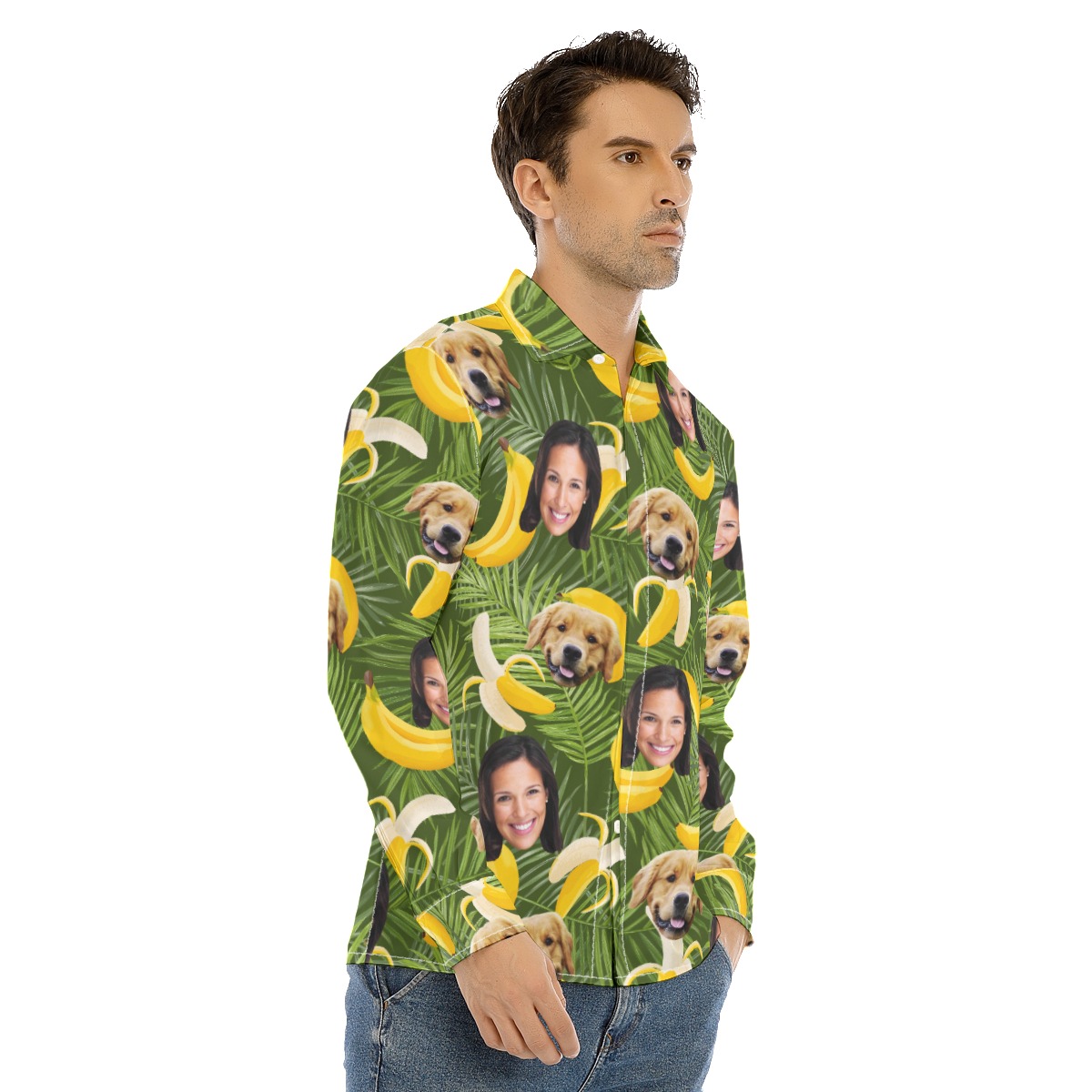 Banana Custom Face And Dog Long Sleeve Hawaiian Shirt For Men