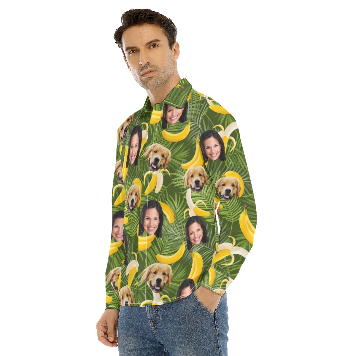 Banana Custom Face And Dog Long Sleeve Hawaiian Shirt For Men