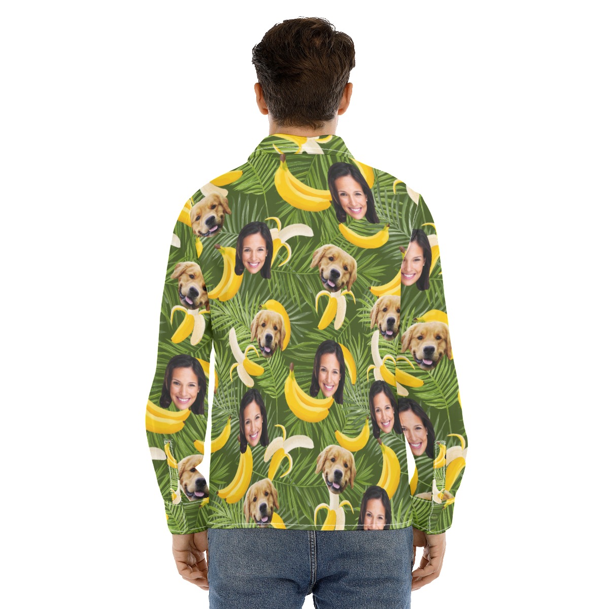 Banana Custom Face And Dog Long Sleeve Hawaiian Shirt For Men