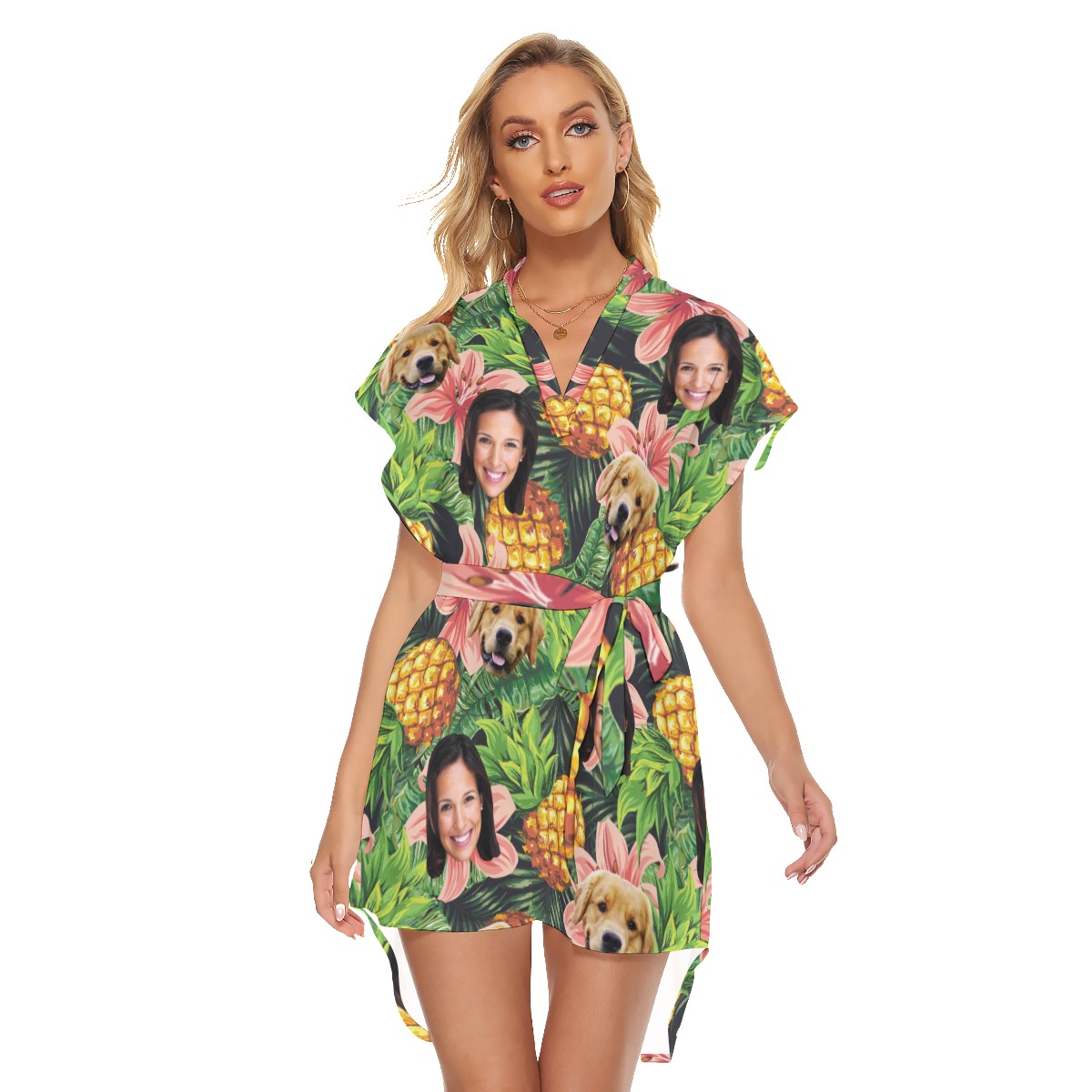 Tropical Customize And Dog Hawaiian Dress With Belt For Women - variant image 1