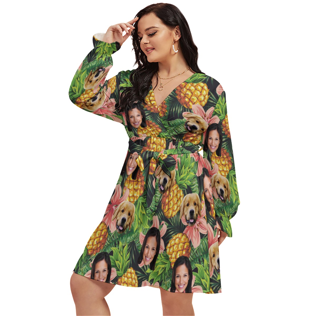 Tropical Personalized With Dog Hawaiian V-neck Plus Size Dress - variant image 1