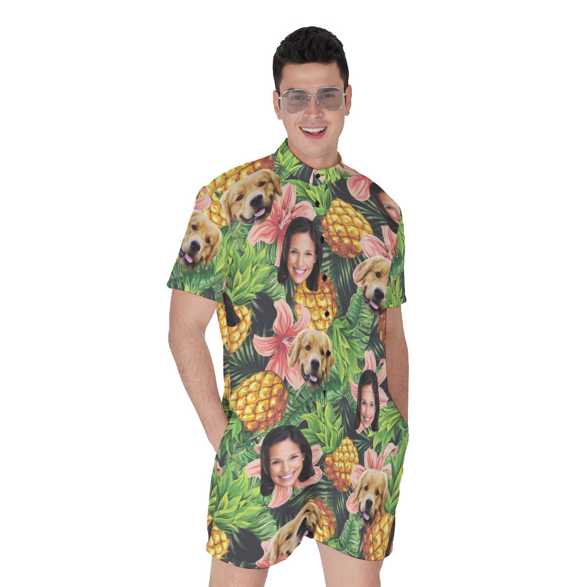 Men's Tropical Custom Dog And Owner Face Hawaiian Romper - variant image 1