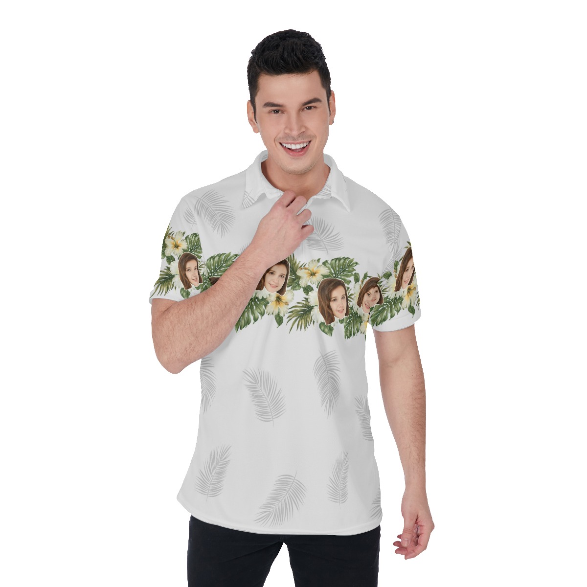 Custom Face Floral White Golf Shirt - variant image 1