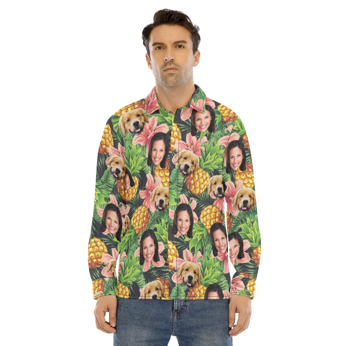 Tropical Custom Face And Dog Long Sleeve Hawaiian Shirt For Men - variant image 1