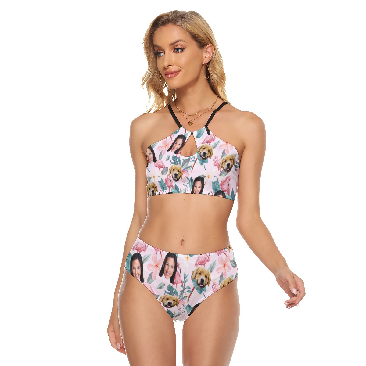Floral Custom Face And Dog Hawaiian Two-piece Swimsuit For Women - variant image 1