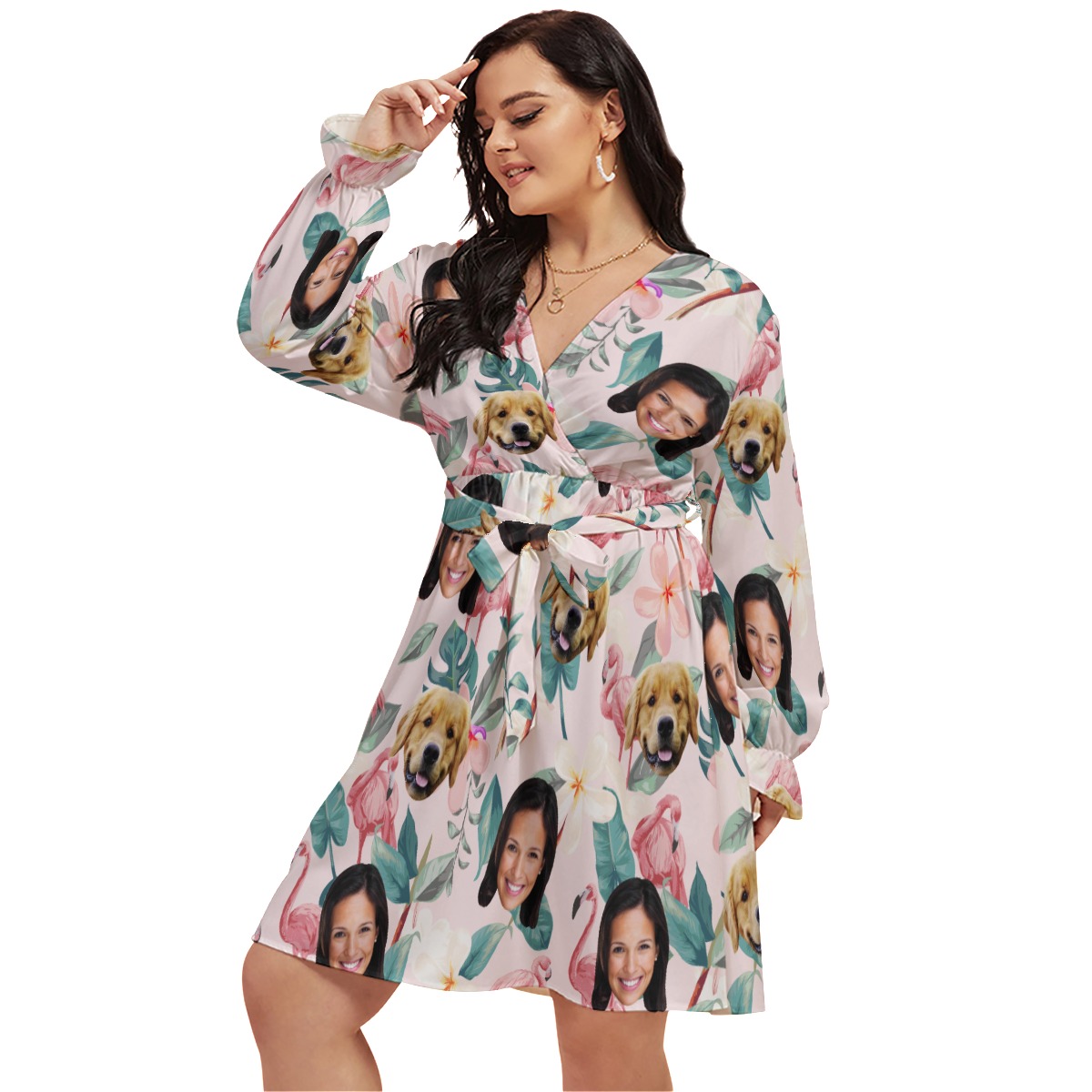 Floral Personalized With Dog Hawaiian V-neck Plus Size Dress - variant image 1