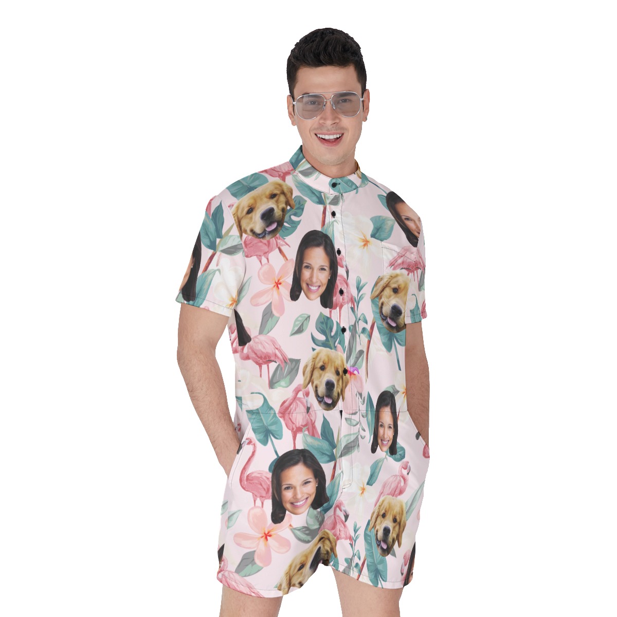 Men's Floral Custom Dog And Owner Face Hawaiian Romper - variant image 1