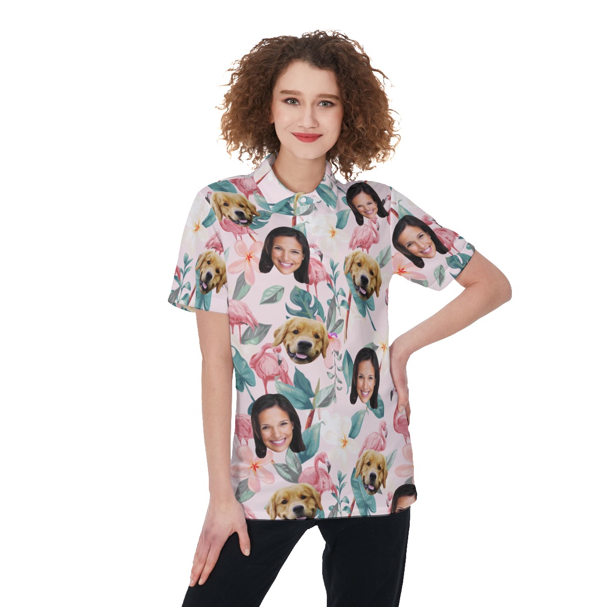 Floral Custom Face Polo Hawaiian Shirt With Dog Face For Women - variant image 1
