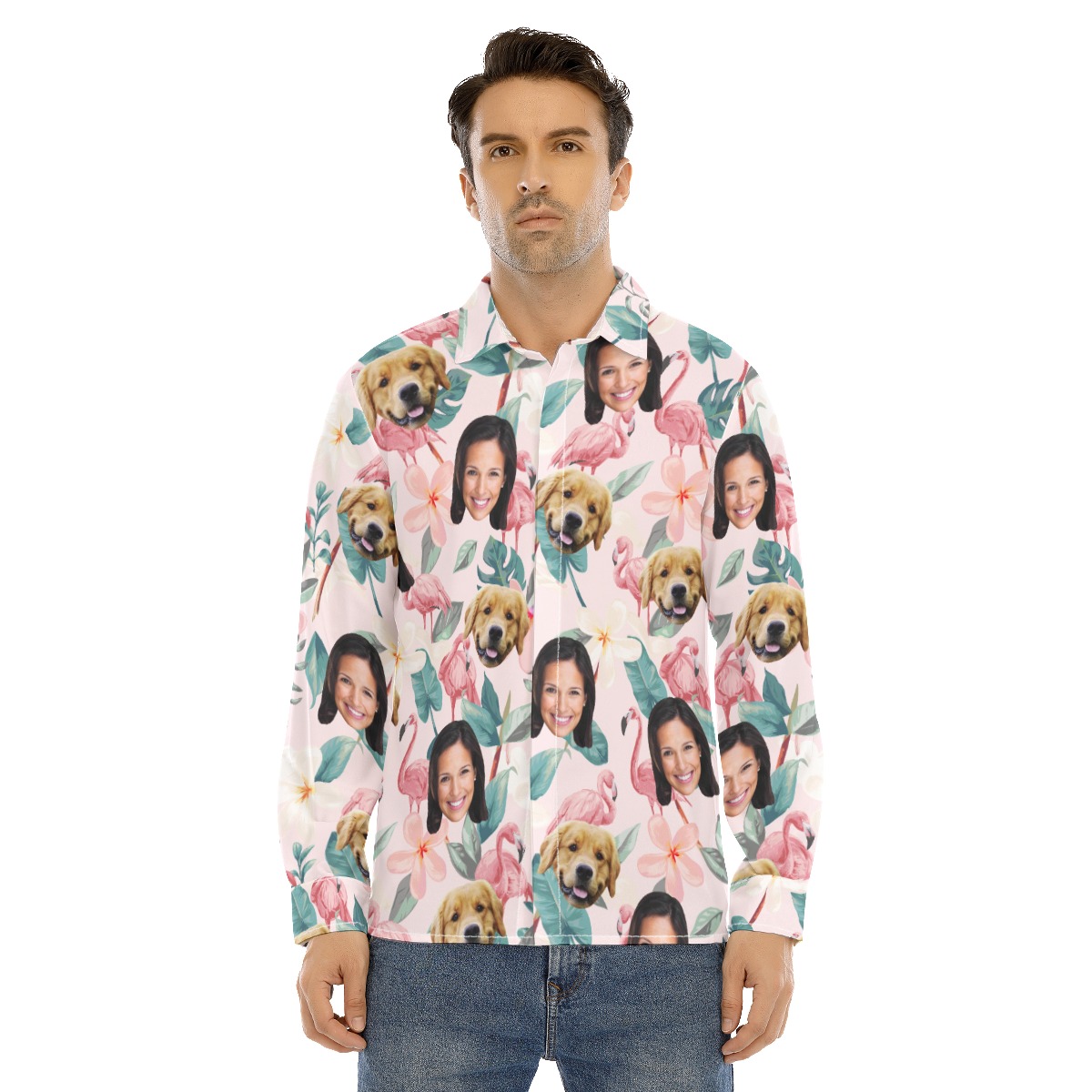 Floral Custom Face And Dog Long Sleeve Hawaiian Shirt For Men - variant image 1