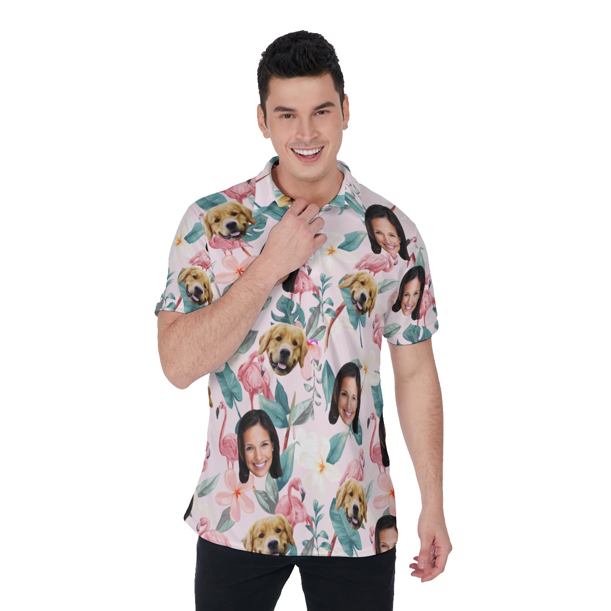 Floral Custom Face And Dog Polo Hawaiian Shirt For Men - variant image 1