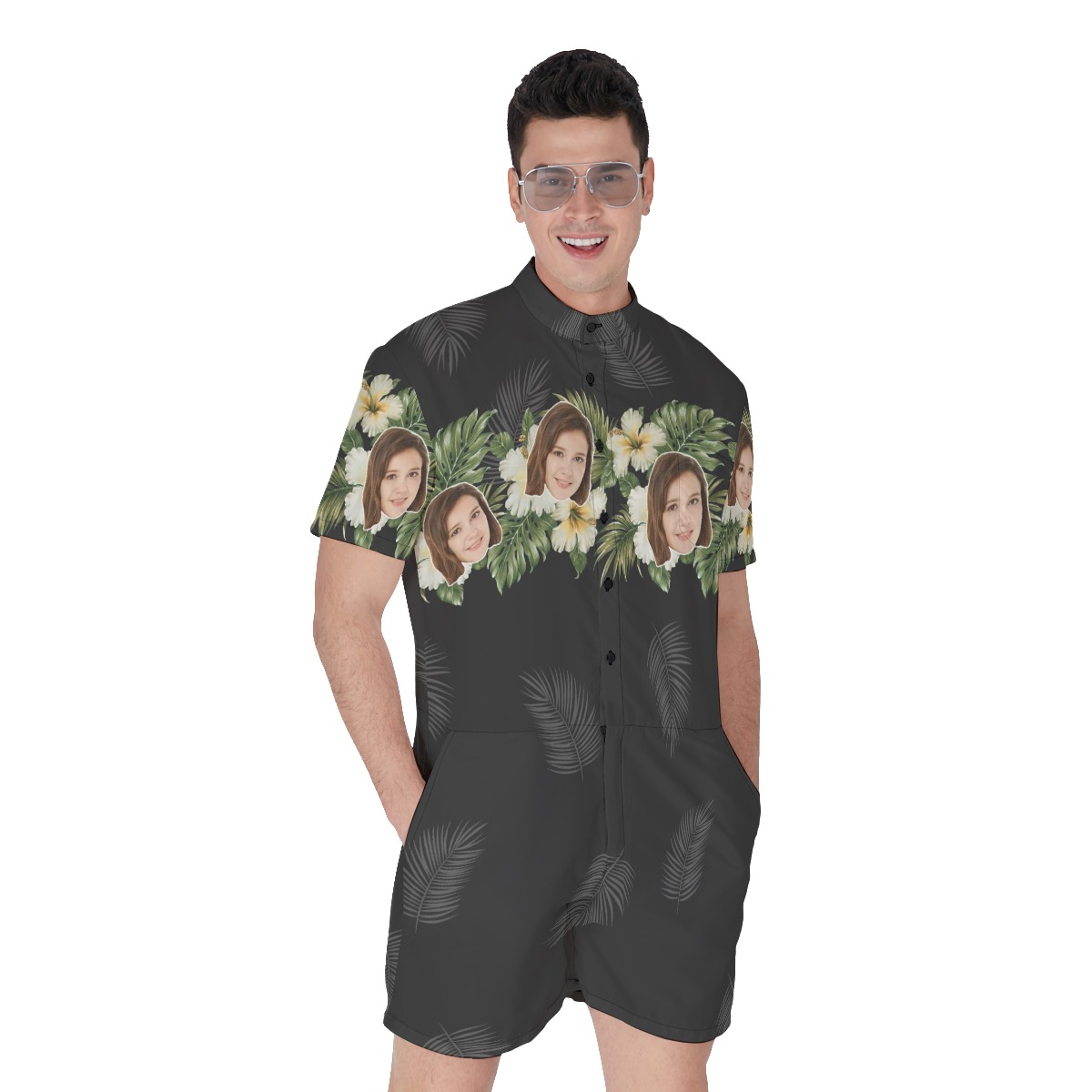 Hibiscus Black Beach Romper With Custom Face - variant image 1