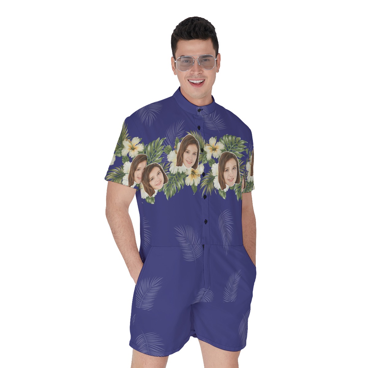 Blue Tropical Men's Hawaiian Romper With Custom Face - variant image 1