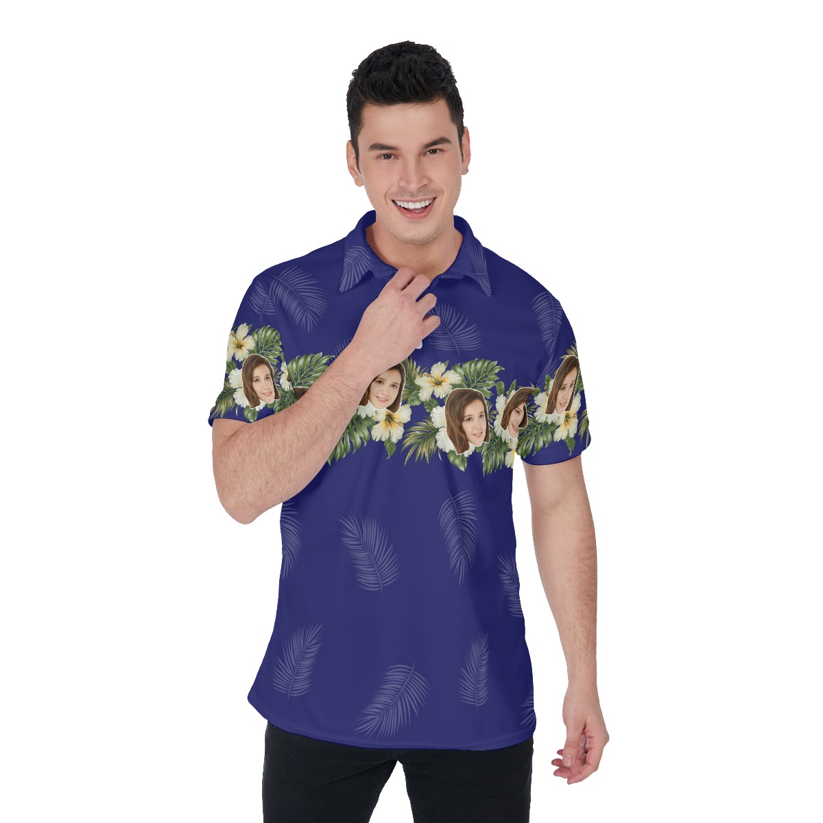 Blue Floral Men's Polo Shirt With Custom Face - variant image 1