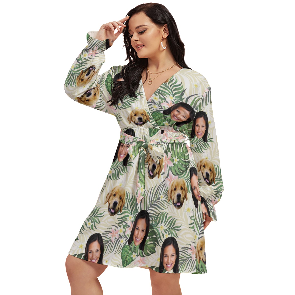 Floral Personalized With Dog Hawaiian V-neck Oversized Dress - variant image 1