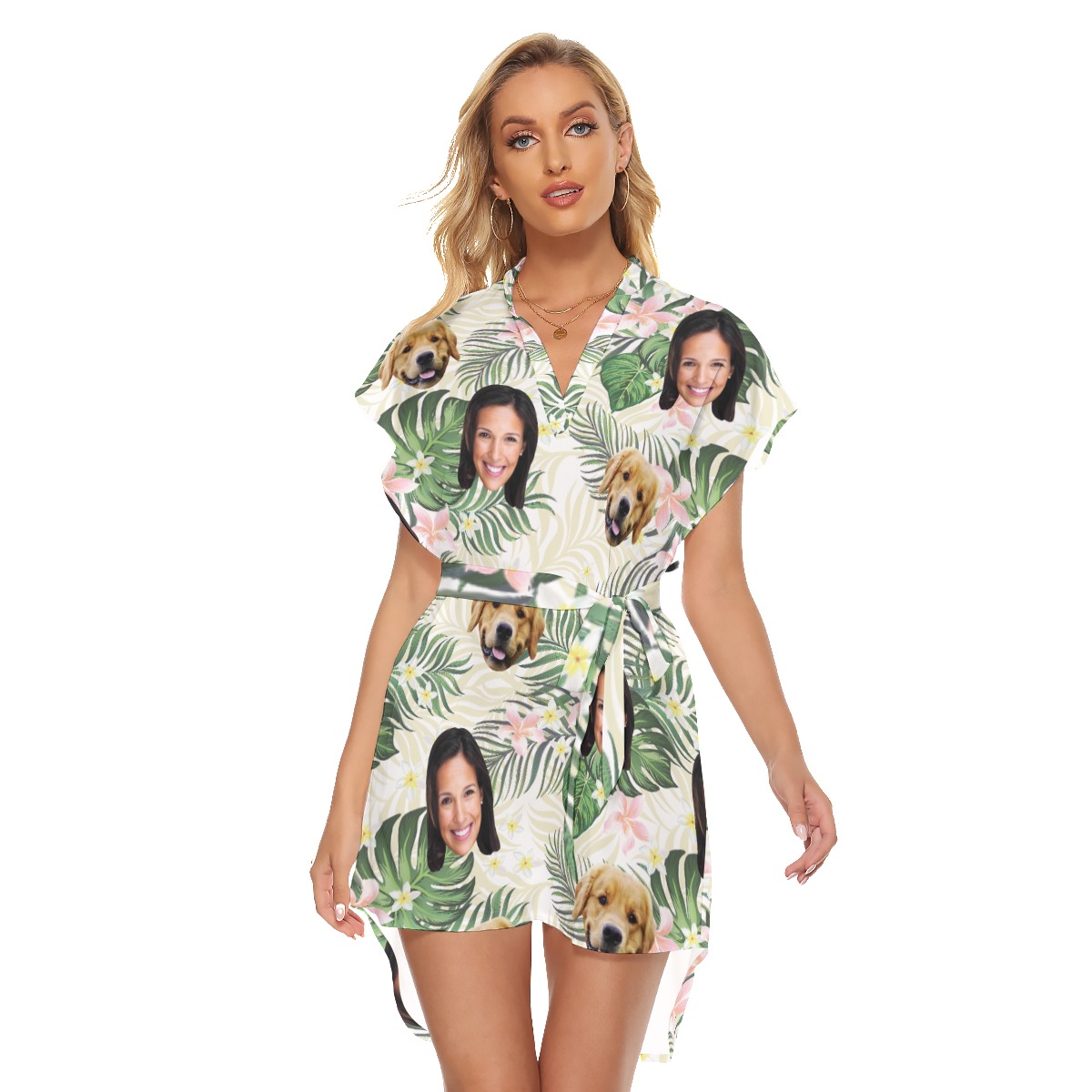 Women's Floral Customize And Dog Hawaiian Dress With Belt - variant image 1