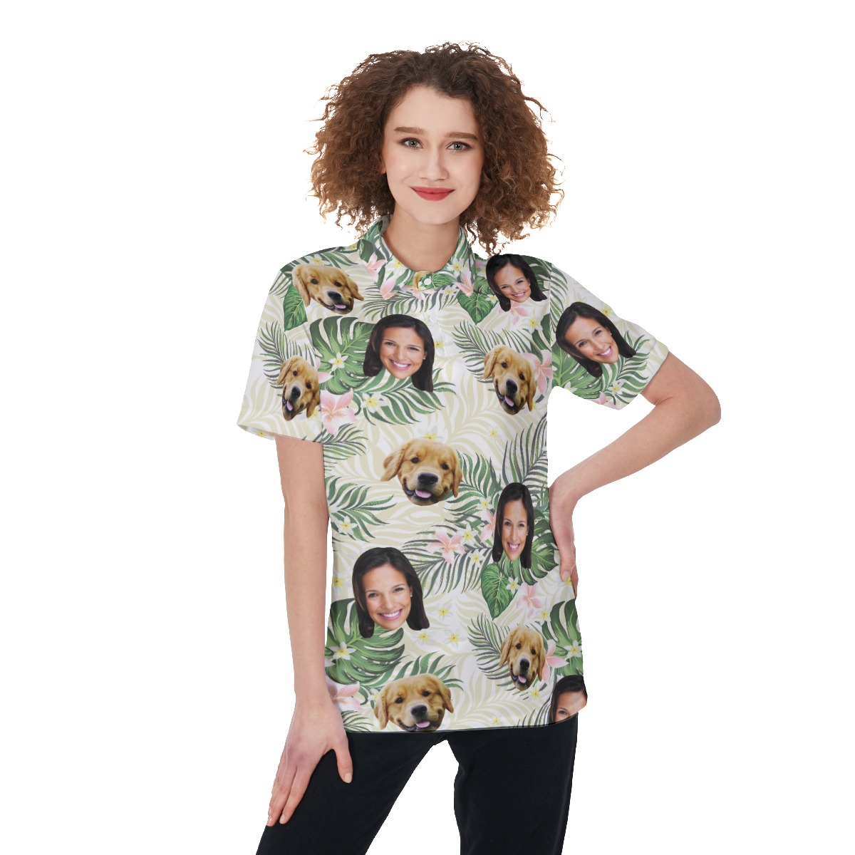 Women's Floral Custom Face Polo Hawaiian Shirt With Dog Face - variant image 1