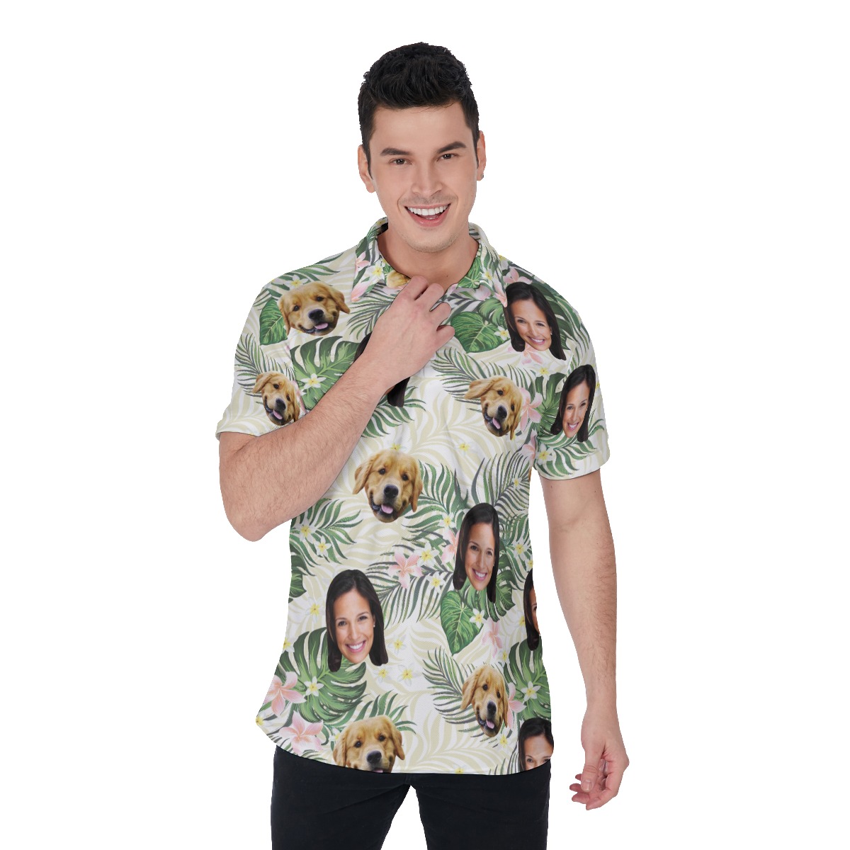 Men's Custom Face And Dog Floral Polo Hawaiian Shirt - variant image 1