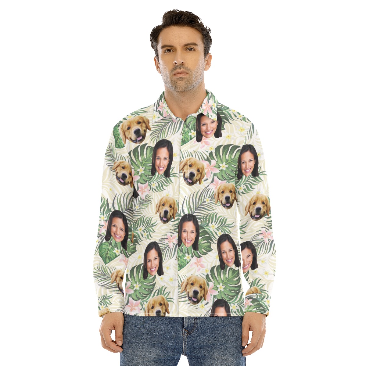 Men's Floral Custom Face And Dog Long Sleeve Hawaiian Shirt - variant image 1
