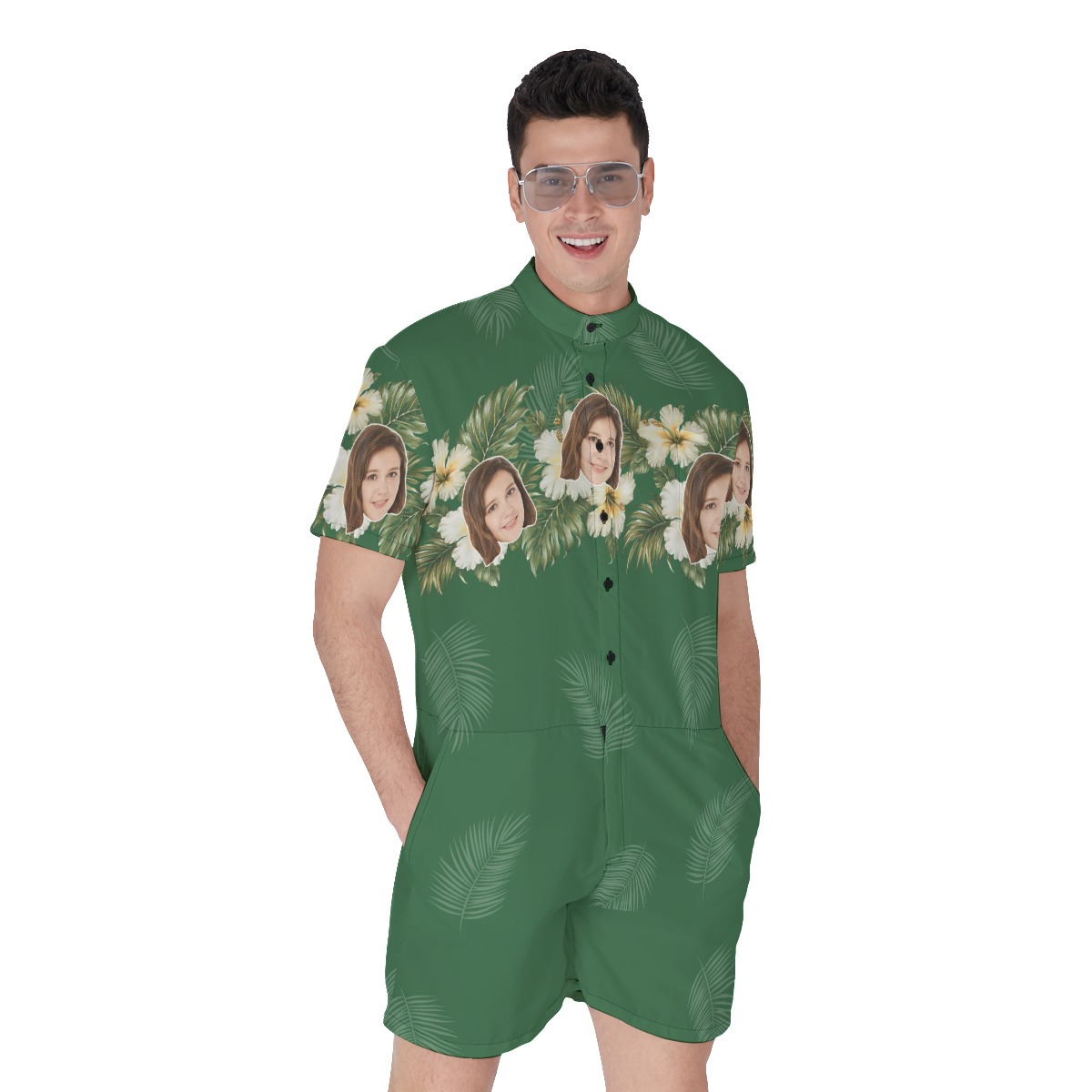 Green Men's Hawaiian Romper With Custom Face - variant image 1
