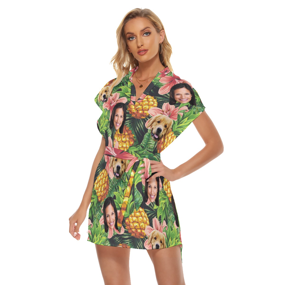 Tropical Customize And Dog Hawaiian Dress With Belt For Women