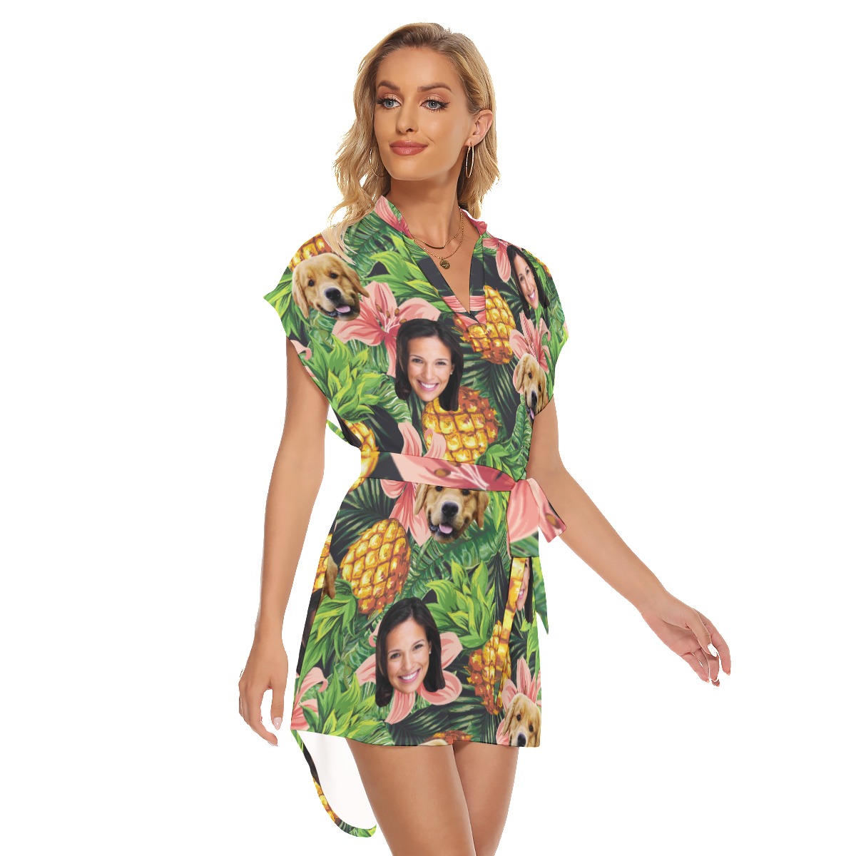 Tropical Customize And Dog Hawaiian Dress With Belt For Women