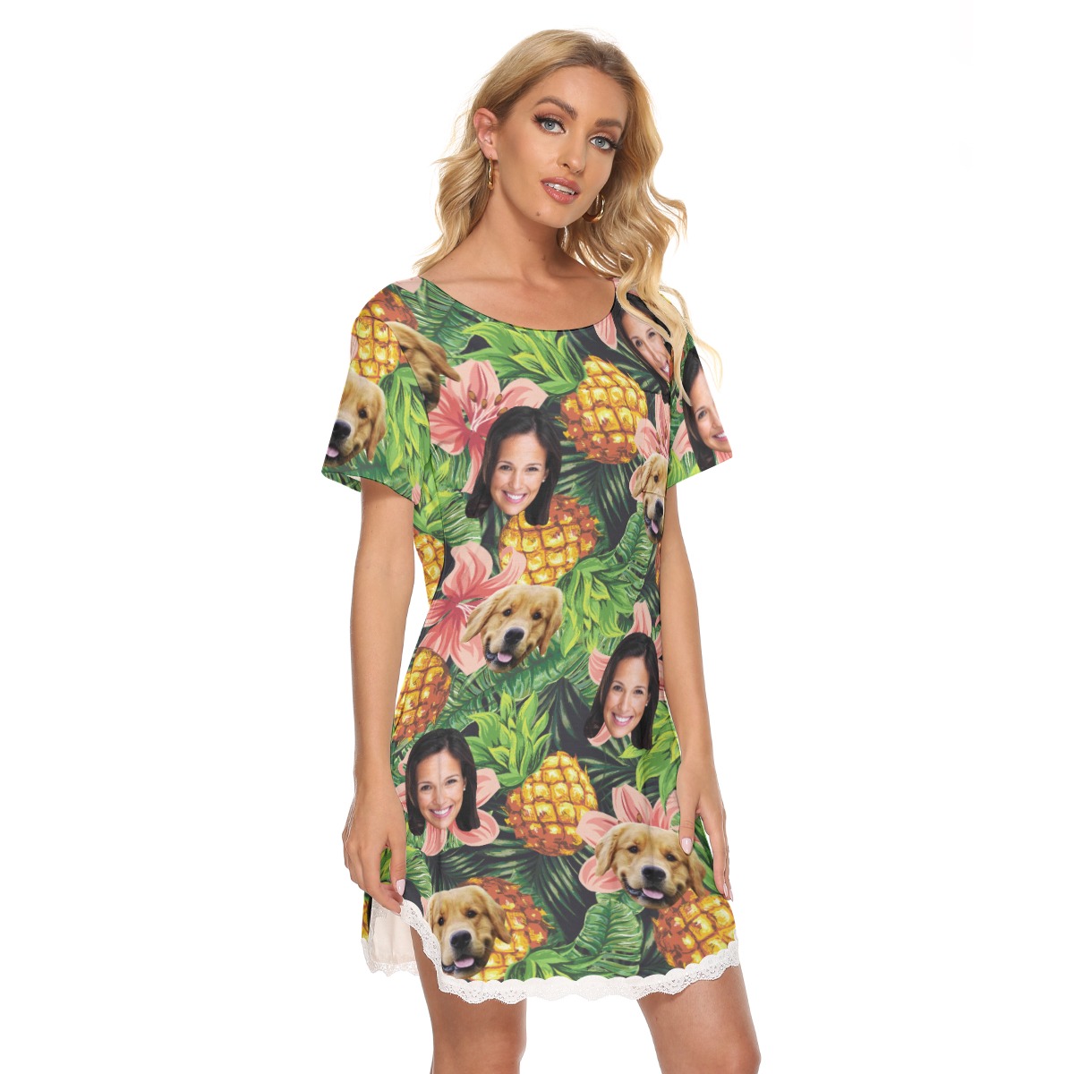 Women's Custom Dog And Owner Tropical Hawaiian Lace Dress