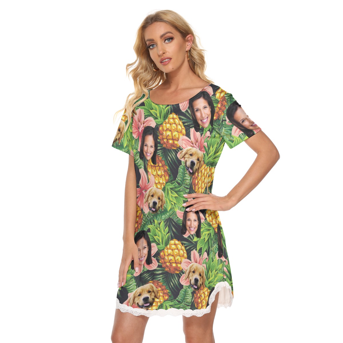 Women's Custom Dog And Owner Tropical Hawaiian Lace Dress