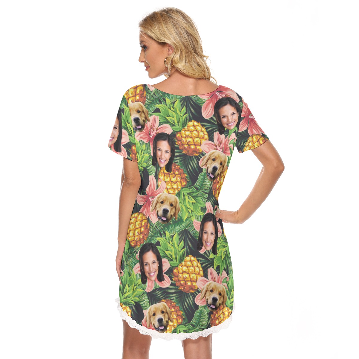 Women's Custom Dog And Owner Tropical Hawaiian Lace Dress
