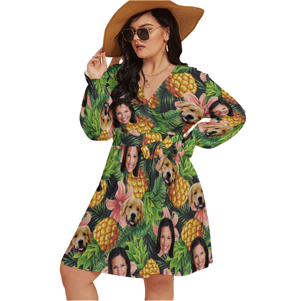 Tropical Personalized With Dog Hawaiian V-neck Plus Size Dress