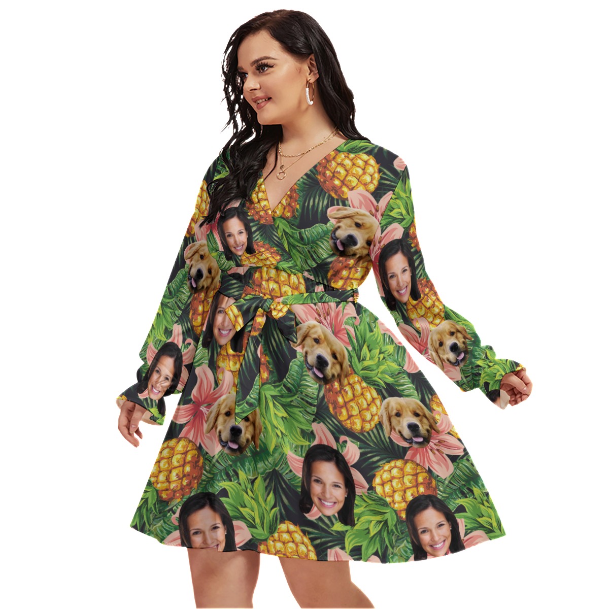 Tropical Personalized With Dog Hawaiian V-neck Plus Size Dress
