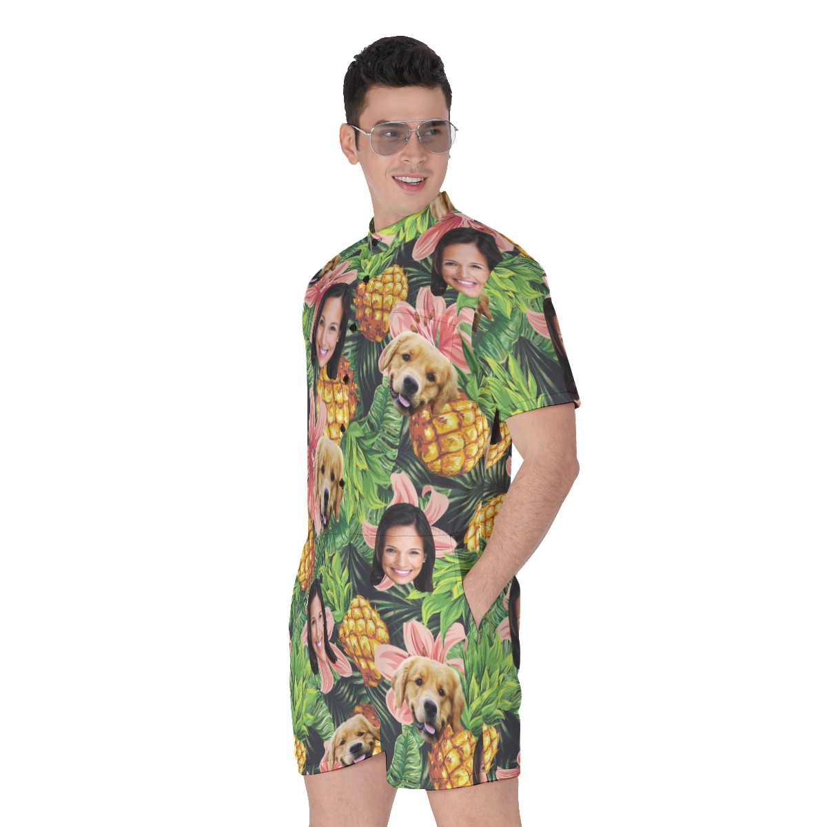 Men's Tropical Custom Dog And Owner Face Hawaiian Romper