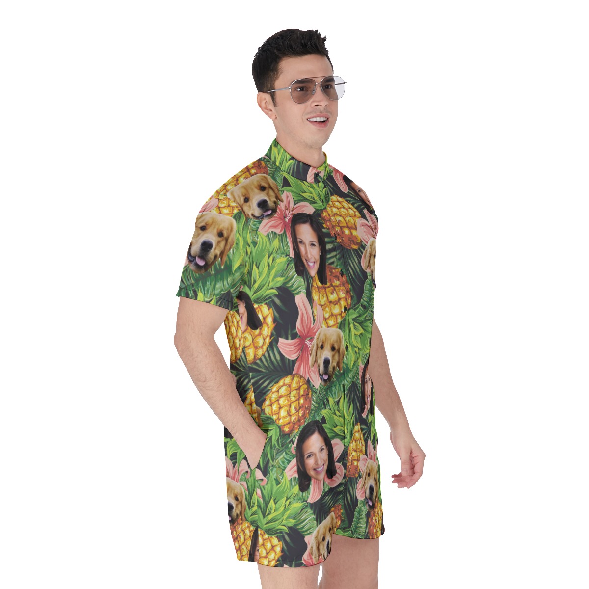 Men's Tropical Custom Dog And Owner Face Hawaiian Romper