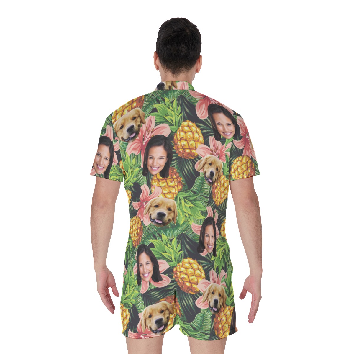 Men's Tropical Custom Dog And Owner Face Hawaiian Romper