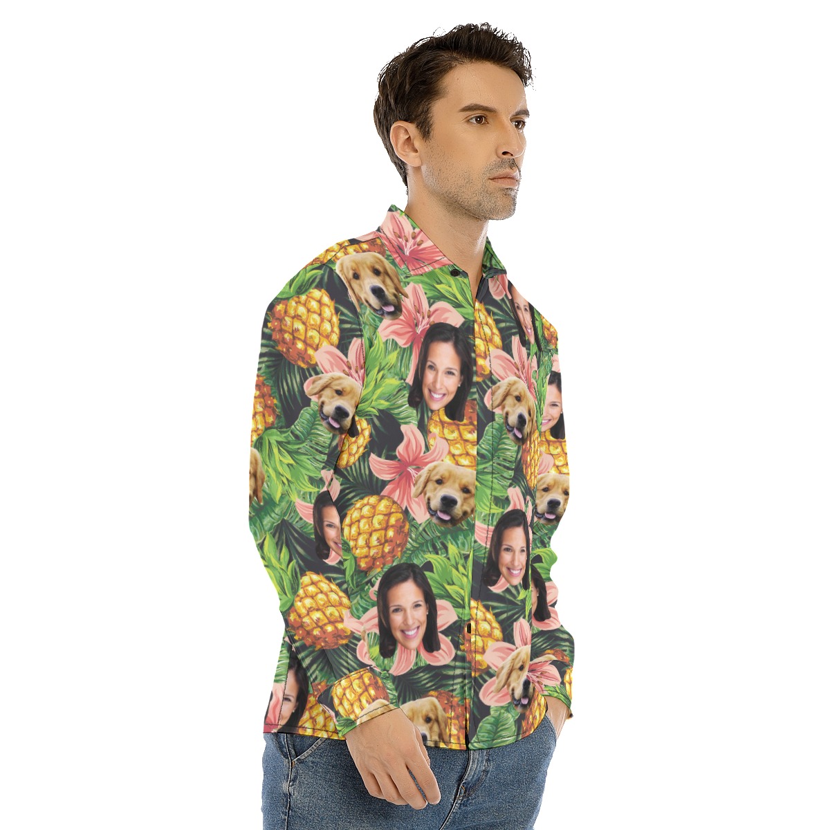 Tropical Custom Face And Dog Long Sleeve Hawaiian Shirt For Men