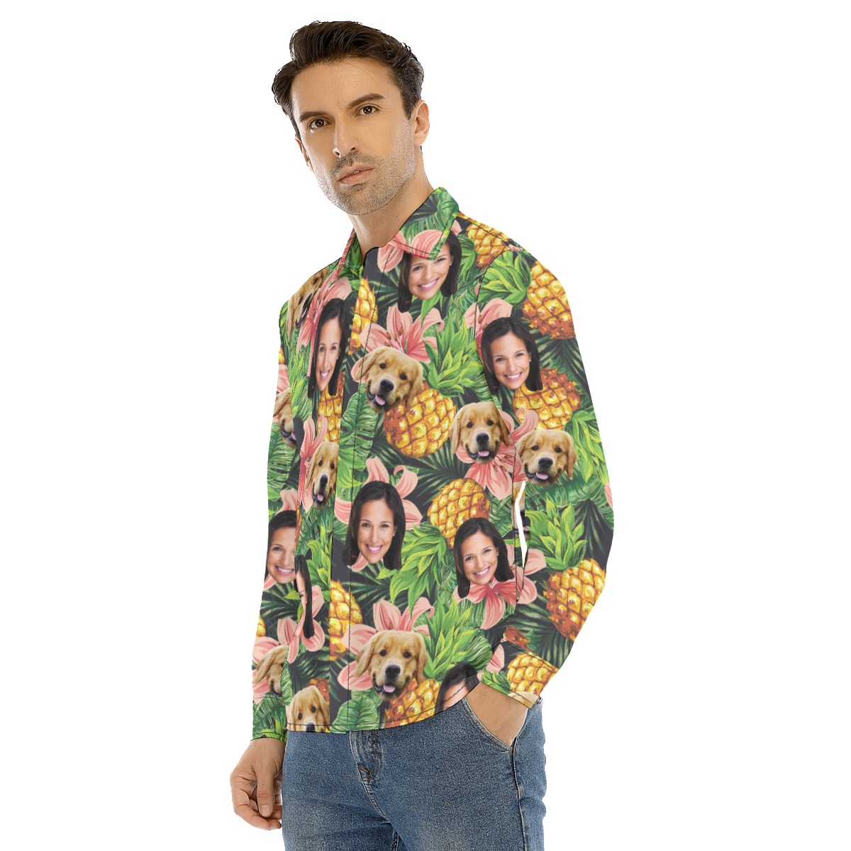 Tropical Custom Face And Dog Long Sleeve Hawaiian Shirt For Men