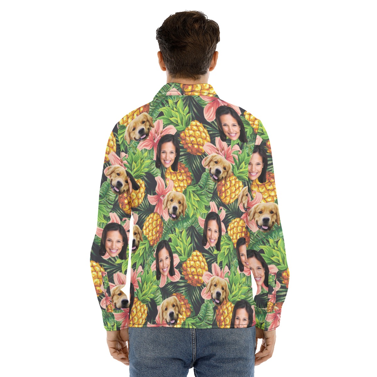 Tropical Custom Face And Dog Long Sleeve Hawaiian Shirt For Men